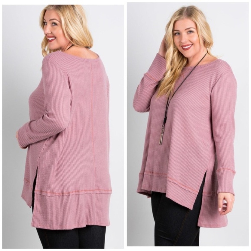 Long sleeve side slit high-low brushed top